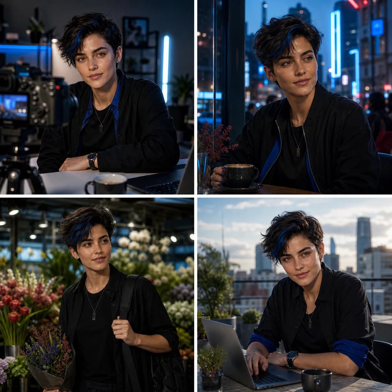 A fictional AI creator shown in four consistent creator scenes