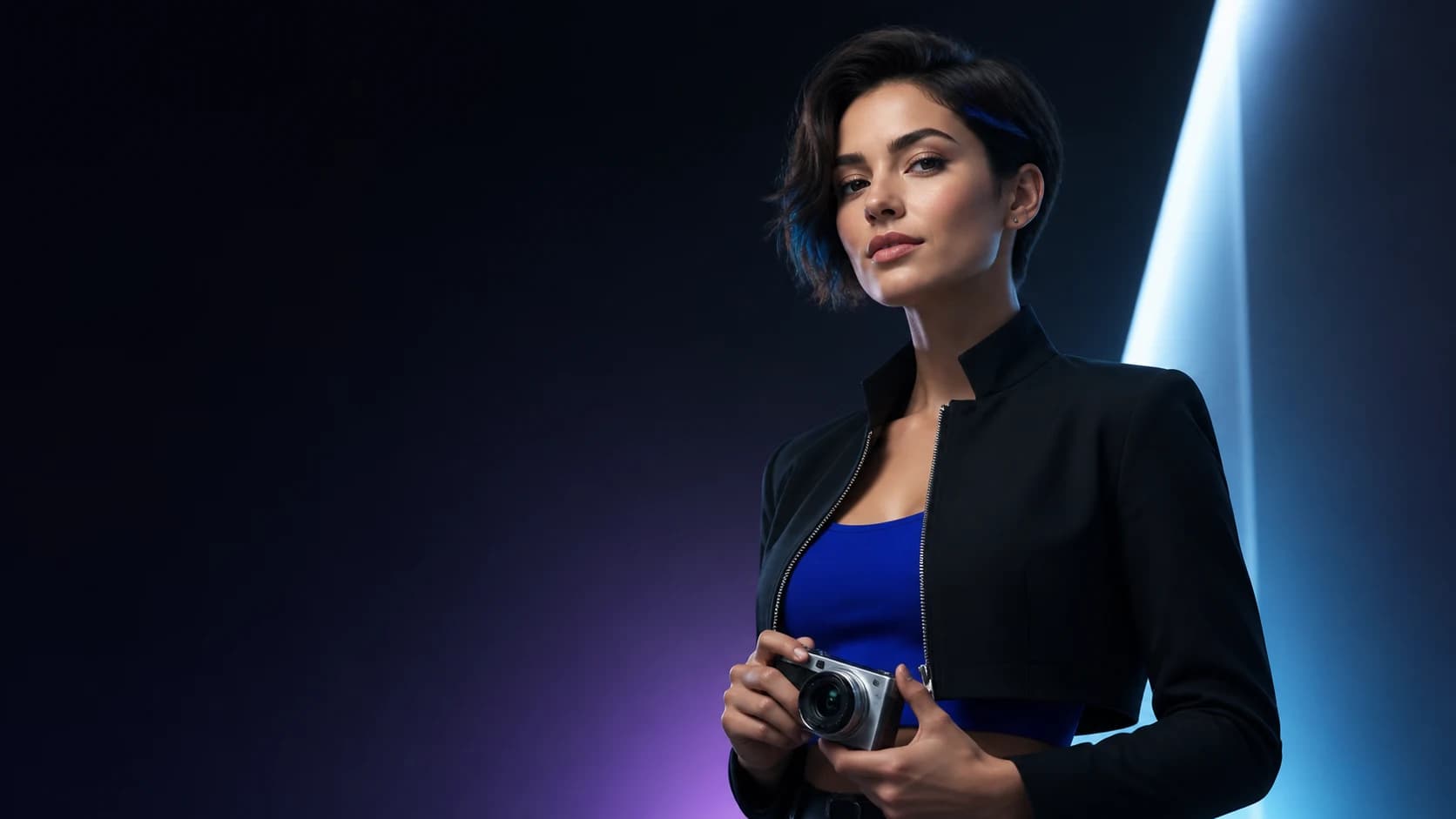Lumen Hart, an original fictional AI creator, in a dark fashion-tech studio
